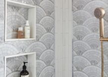 gray mosaic marble fan shaped wall tiles framed by vertical white tiles walk in shower stacked tile brushed gold shower kit