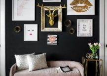 black painted wall gallery wall gold deer head frames picture art pink velvet couch