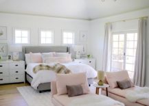 pink and gray theme bedroom white bedding pink chaise lounge wood floors